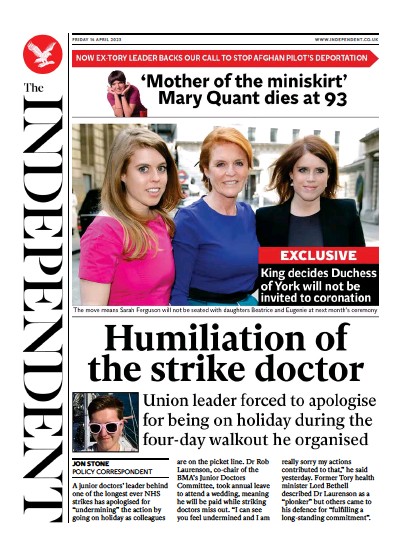 The Independent Newspaper Front Page (UK) for 15 April 2023