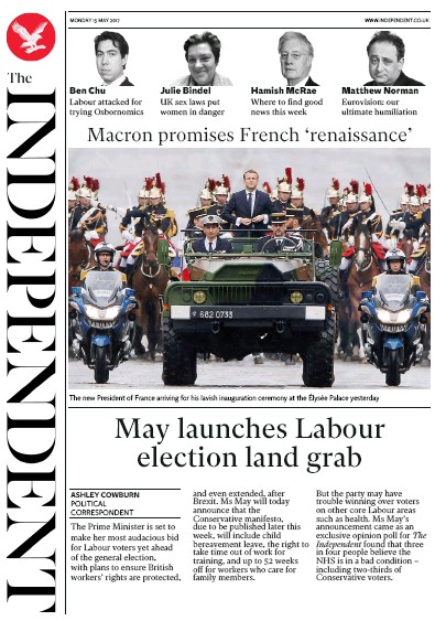 The Independent Newspaper Front Page (UK) for 15 May 2017