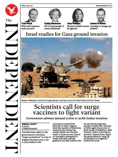 The Independent Newspaper Front Page (UK) for 15 May 2021