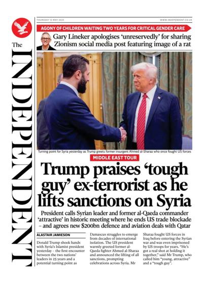 The Independent Newspaper Front Page (UK) for 15 May 2025