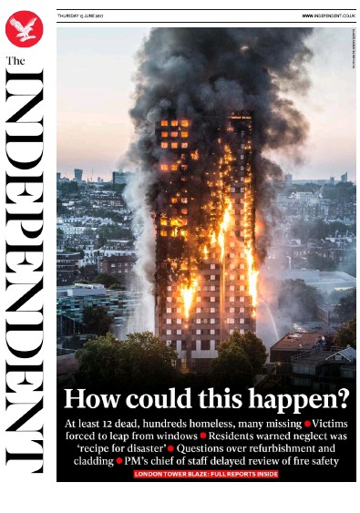 The Independent Newspaper Front Page (UK) for 15 June 2017
