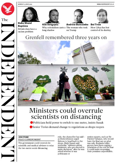 The Independent Newspaper Front Page (UK) for 15 June 2020