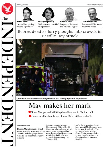 The Independent Newspaper Front Page (UK) for 15 July 2016