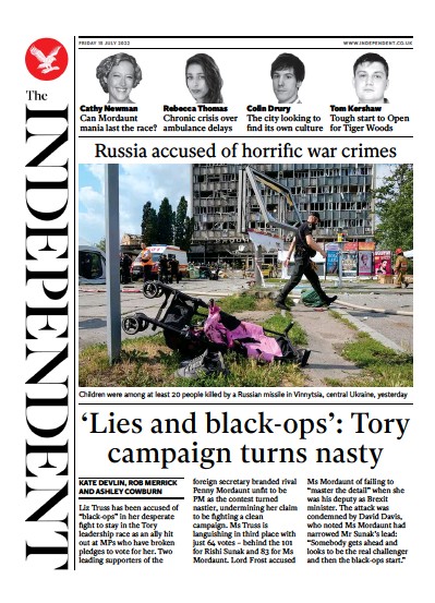 The Independent Newspaper Front Page (UK) for 15 July 2022