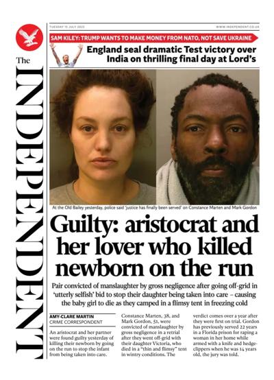 The Independent Newspaper Front Page (UK) for 15 July 2025
