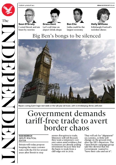 The Independent Newspaper Front Page (UK) for 15 August 2017