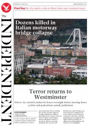 The Independent (UK) Newspaper Front Page for 15 August 2018