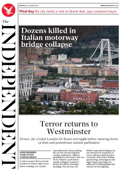 The Independent Newspaper Front Page (UK) for 15 August 2018