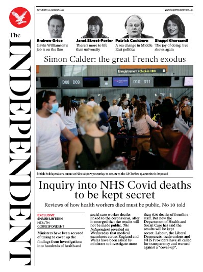 The Independent Newspaper Front Page (UK) for 15 August 2020