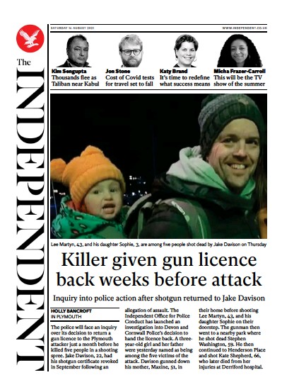 The Independent Newspaper Front Page (UK) for 15 August 2021