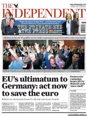 The Independent (UK) Newspaper Front Page for 15 September 2011