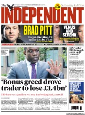 The Independent (UK) Newspaper Front Page for 15 September 2012