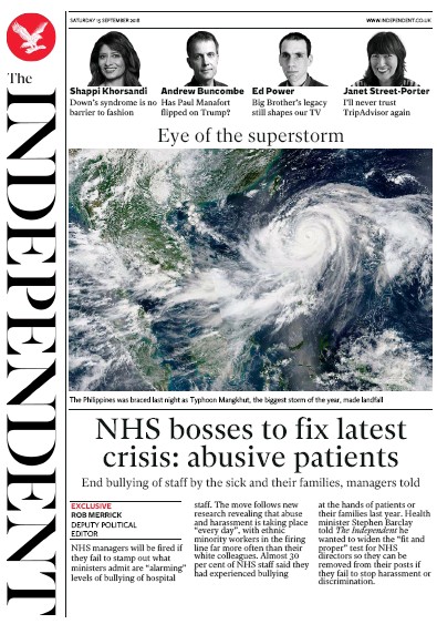 The Independent Newspaper Front Page (UK) for 15 September 2018