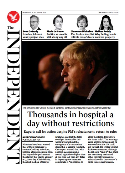 The Independent Newspaper Front Page (UK) for 15 September 2021