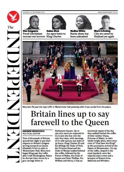 The Independent Newspaper Front Page (UK) for 15 September 2022
