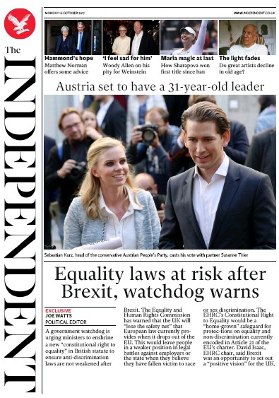 The Independent Newspaper Front Page (UK) for 16 October 2017