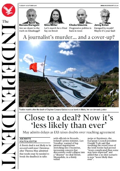 The Independent Newspaper Front Page (UK) for 16 October 2018
