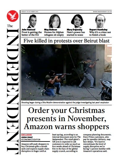 The Independent Newspaper Front Page (UK) for 16 October 2021