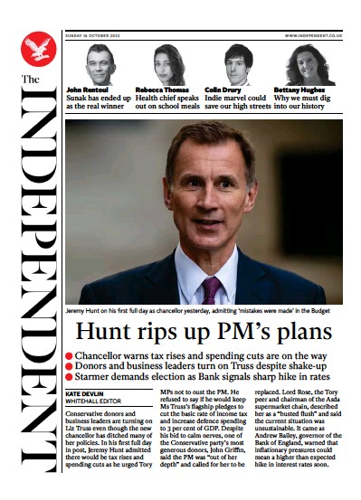 The Independent Newspaper Front Page (UK) for 16 October 2022