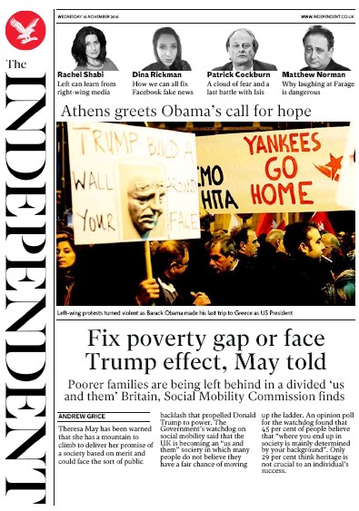The Independent Newspaper Front Page (UK) for 16 November 2016