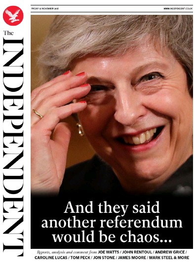 The Independent Newspaper Front Page (UK) for 16 November 2018