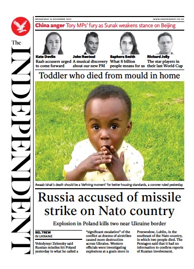 The Independent Newspaper Front Page (UK) for 16 November 2022