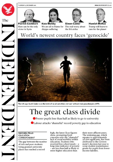 The Independent Newspaper Front Page (UK) for 16 December 2016