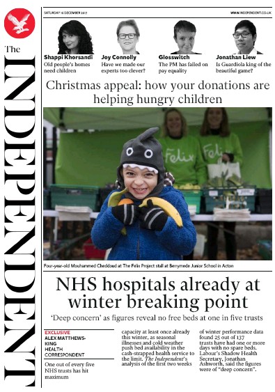 The Independent Newspaper Front Page (UK) for 16 December 2017