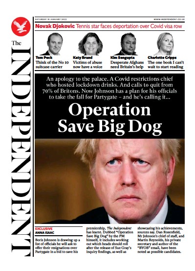 The Independent Newspaper Front Page (UK) for 16 January 2022