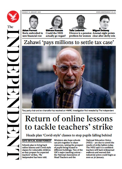 The Independent Newspaper Front Page (UK) for 16 January 2023
