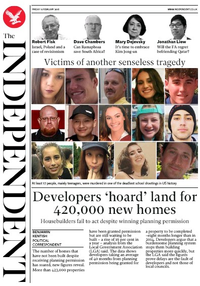 The Independent Newspaper Front Page (UK) for 16 February 2018