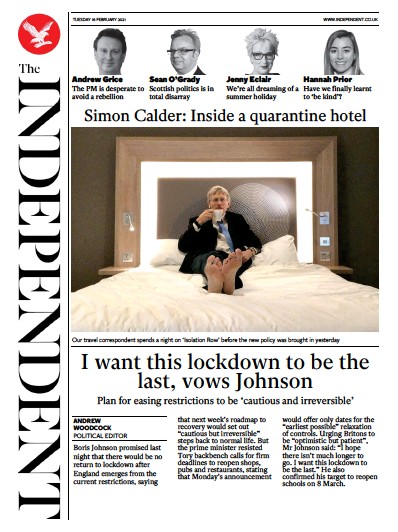 The Independent Newspaper Front Page (UK) for 16 February 2021