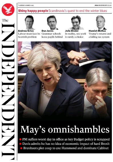 The Independent Newspaper Front Page (UK) for 16 March 2017