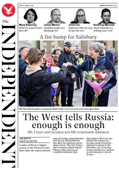 The Independent Newspaper Front Page (UK) for 16 March 2018