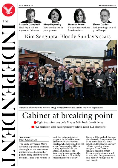 The Independent Newspaper Front Page (UK) for 16 March 2019