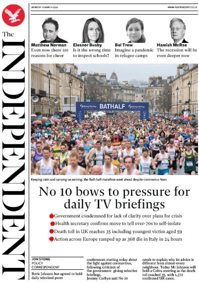 The Independent Newspaper Front Page (UK) for 16 March 2020