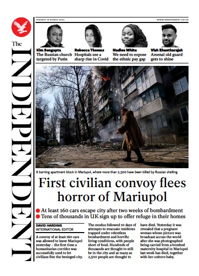 The Independent Newspaper Front Page (UK) for 16 March 2022