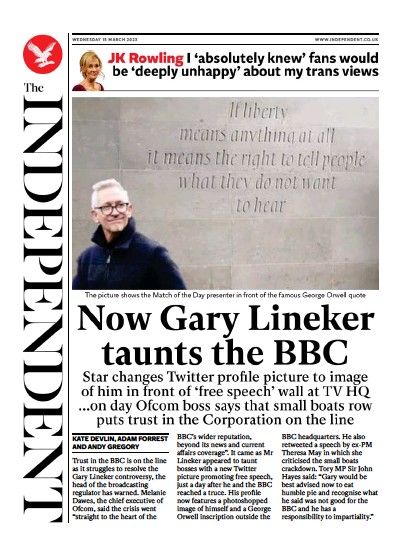 The Independent Newspaper Front Page (UK) for 16 March 2023