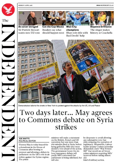 The Independent Newspaper Front Page (UK) for 16 April 2018