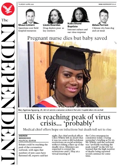 The Independent Newspaper Front Page (UK) for 16 April 2020