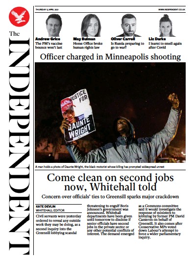 The Independent Newspaper Front Page (UK) for 16 April 2021