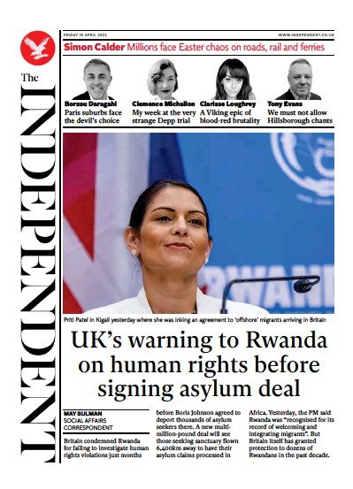 The Independent Newspaper Front Page (UK) for 16 April 2022