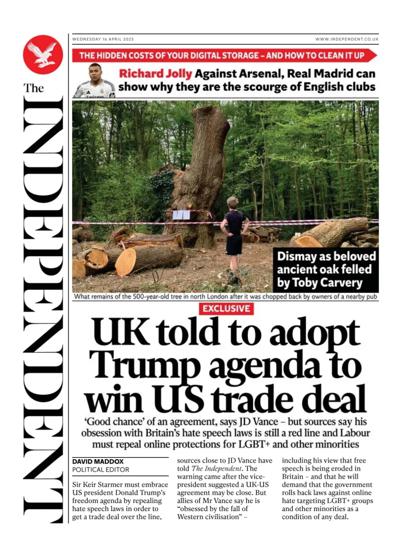 The Independent Newspaper Front Page (UK) for 16 April 2025