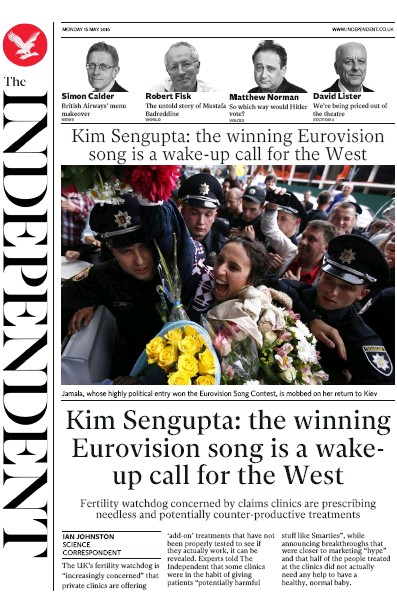 The Independent Newspaper Front Page (UK) for 16 May 2016