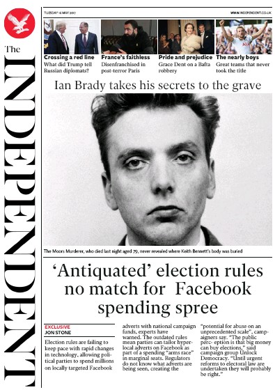 The Independent Newspaper Front Page (UK) for 16 May 2017