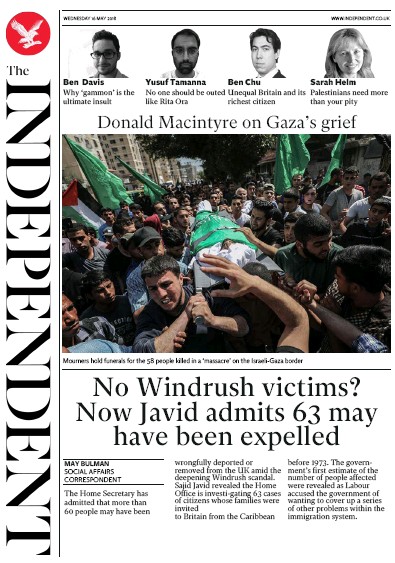 The Independent Newspaper Front Page (UK) for 16 May 2018