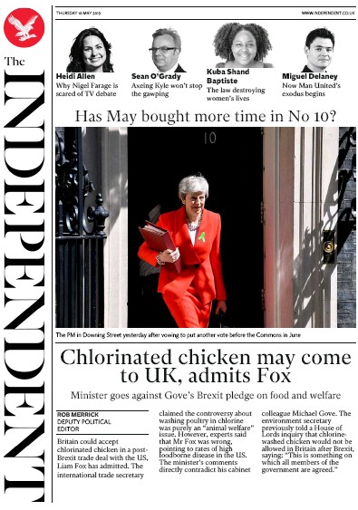 The Independent Newspaper Front Page (UK) for 16 May 2019