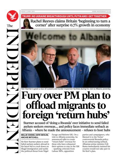 The Independent Newspaper Front Page (UK) for 16 May 2025