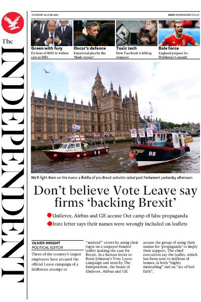 The Independent Newspaper Front Page (UK) for 16 June 2016
