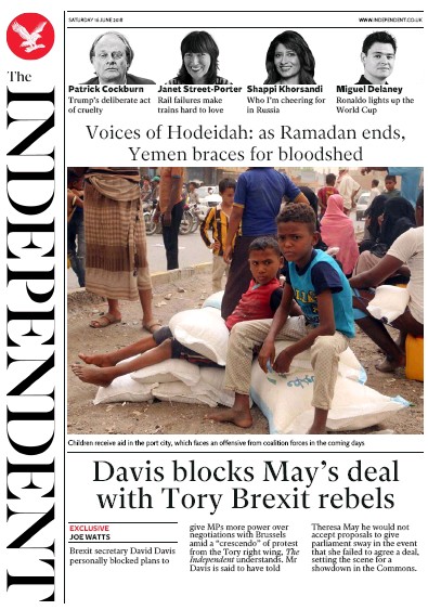 The Independent Newspaper Front Page (UK) for 16 June 2018